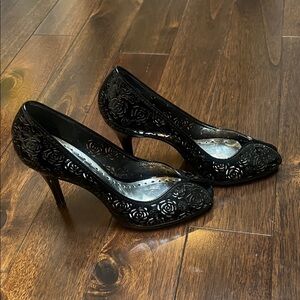 BCBGirls Black Laser-cut Rose Pattern Heels size 6